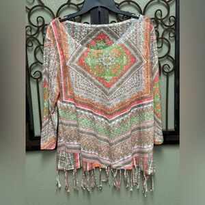 Boutique long sleeve multi boho pattern tassel hem top